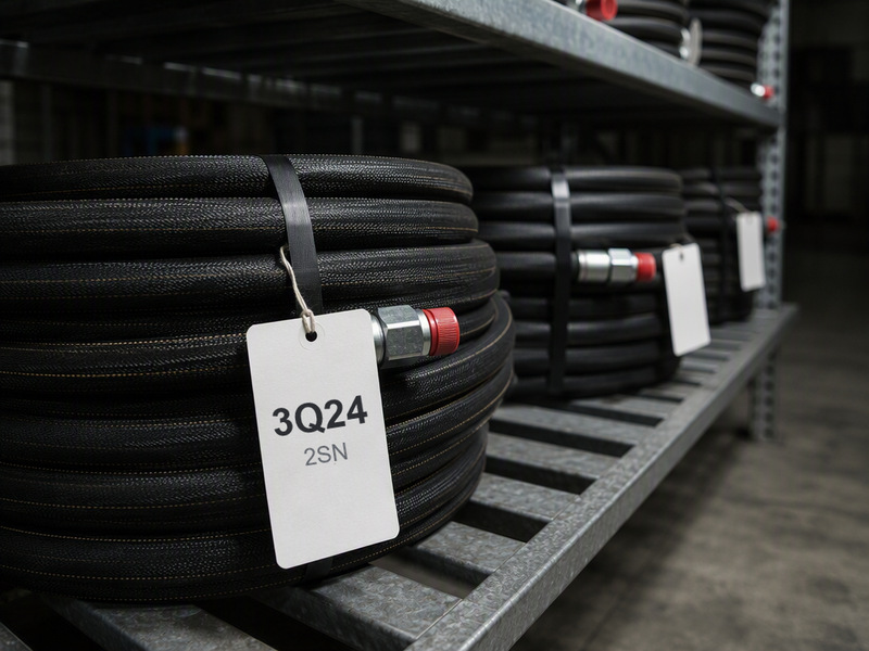 Close-up of coiled hydraulic hoses with crimped fittings stored flat on a warehouse rack, date-coded labels visible on the coils, end caps fitted