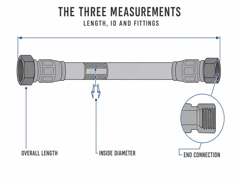 Diagram showing the three dimensions measured on a hydraulic hose assembly: overall length end to end, inside diameter at the cut end, and end connection thread and seat