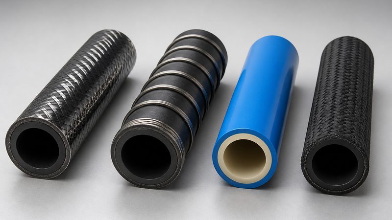 Side-by-side comparison of wire braided, spiral wire, thermoplastic, and textile braided hose constructions