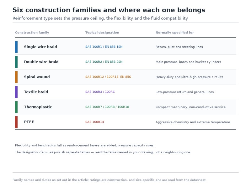 Comparison chart of hydraulic hose types by reinforcement: single wire braid, double wire braid, spiral wound, textile braid, thermoplastic, and PTFE