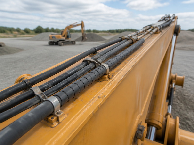 Different hydraulic hose types installed on an excavator boom, with wire braid and spiral hoses protected by abrasion sleeving