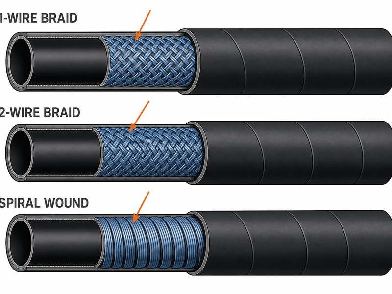 Comparison of one-wire braid, two-wire braid, and spiral-wound reinforcement layers of hydraulic hose
