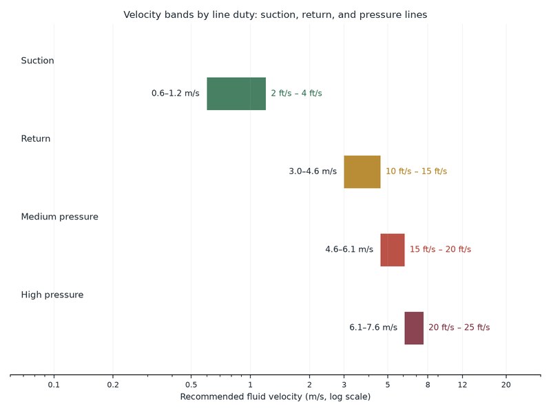 Diagram of hydraulic line velocity bands used in fluid power line-sizing practice for suction, return, and pressure lines in feet per second and metres per second
