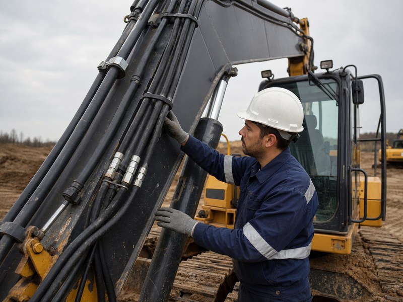 Excavator with hydraulic oil hoses running along the boom while a technician inspects the hoses before operation