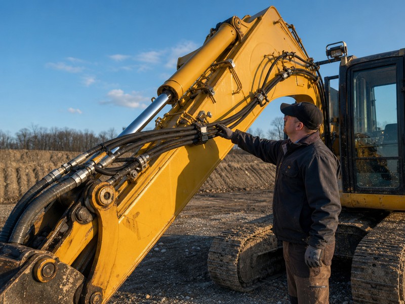 Excavator hydraulic oil hoses running from the boom with a technician checking the hose for damage before operation