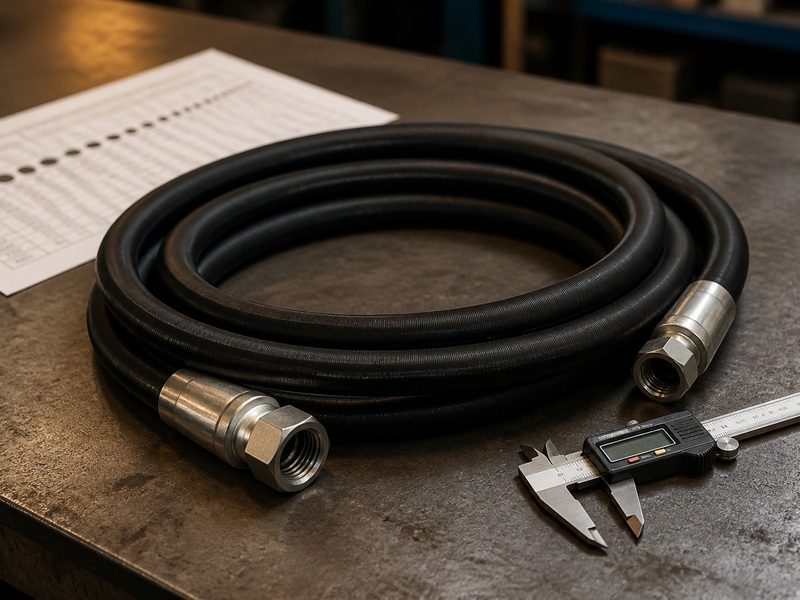 Hydraulic hoses with crimped steel fittings and a caliper and size chart on a workbench, showing the five selection factors for choosing the right hydraulic hose