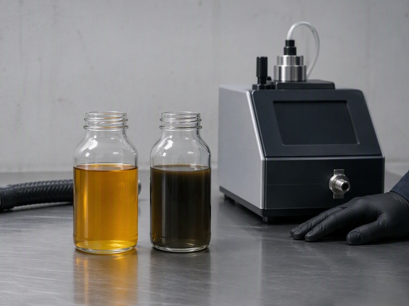 Hydraulic oil sample bottles on a clean inspection bench showing clear fluid beside a dark contaminated sample, with a laboratory particle counter in the background