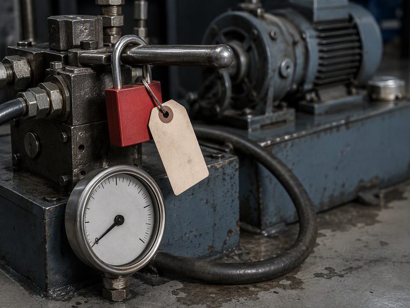 Lockout padlock and danger tag applied to a machine isolation valve beside a hydraulic power unit, with a pressure gauge in the foreground reading zero pressure