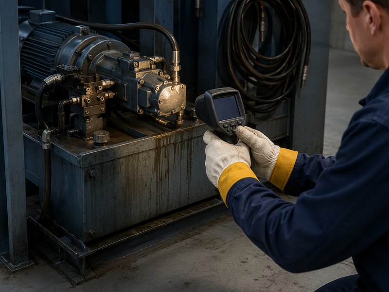 Thermal imaging camera pointed at a hydraulic power unit while a technician reads surface temperature on a hot reservoir and pump housing in an industrial workshop
