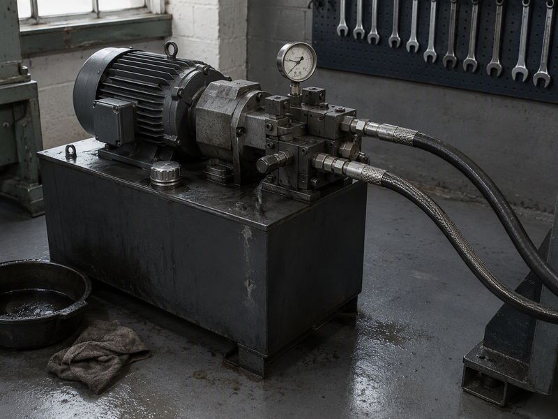 Hydraulic power unit with reservoir, electric motor, piston pump, pressure gauge and steel wire braided hose assemblies installed on a plant workshop floor