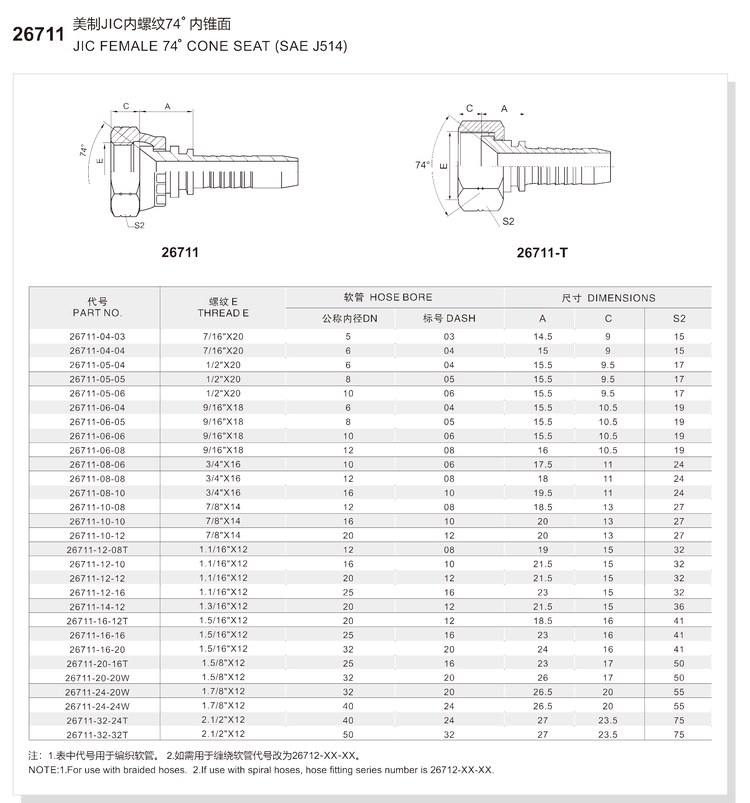 jic female 74 degree cone seat sae j514 26711 series spec
