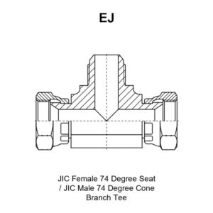 EJ branch tee adapter drawing showing the JIC female 74° seat ports E and G, the JIC male 74° cone branch port F and dimensions A, C, B, S1 and S2