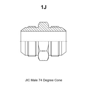 1J JIC male 74° cone adapter drawing with A, B, L and S1 dimensions and the 74° cone marked at both ends
