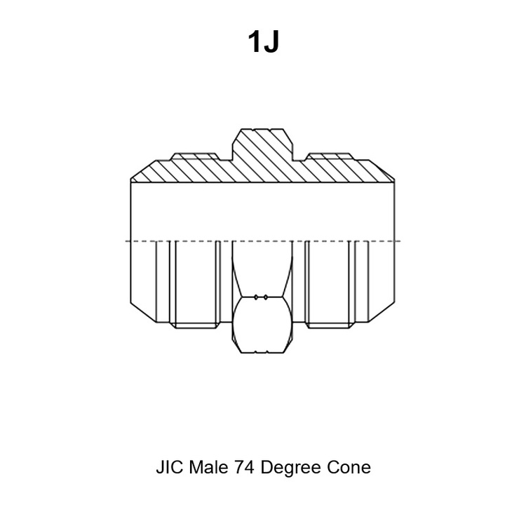 1J JIC male 74° cone adapter drawing with A, B, L and S1 dimensions and the 74° cone marked at both ends