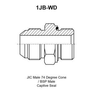 1JB-WD JIC male 74° cone to BSP male captive seal adapter drawing with the 74° cone end E, the BSP end F, the seal groove and the A, B, L and S1 dimensions marked