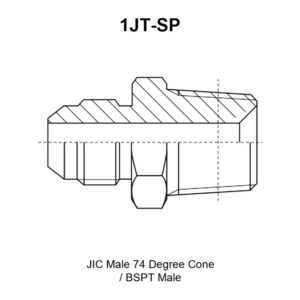 1JT-SP JIC male 74° cone to BSPT male adapter drawing with the 74° cone end E, the taper thread F and the A, B, L and S1 dimensions marked