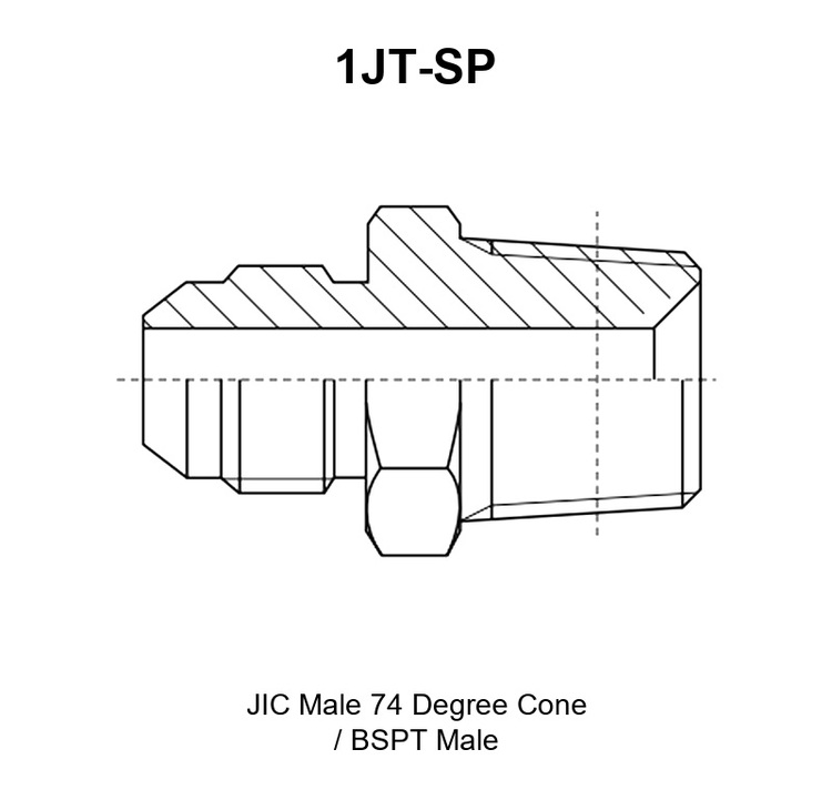 1JT-SP JIC male 74° cone to BSPT male adapter drawing with the 74° cone end E, the taper thread F and the A, B, L and S1 dimensions marked