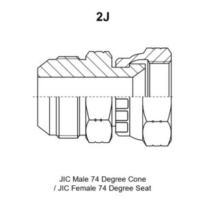 2J adapter drawing with the JIC male 74° cone end E, the JIC female 74° seat end F and the A, B, L, S1 and S2 dimensions