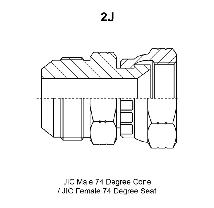 2J adapter drawing with the JIC male 74° cone end E, the JIC female 74° seat end F and the A, B, L, S1 and S2 dimensions