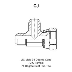 CJ run tee adapter drawing showing the JIC male 74° cone ports E and G, the JIC female 74° seat port F and dimensions A, B, C, S1 and S2