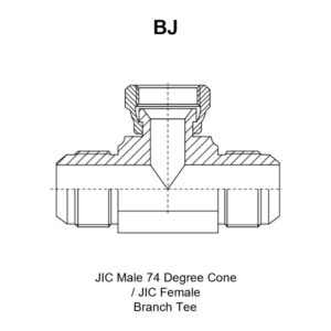 BJ branch tee adapter drawing showing the JIC 74° cone male run ports E and F, the JIC female 74° seat branch port G, the run lengths A and C, the branch length B and the hex S1 and S2