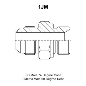 1JM JIC male 74° cone to metric male 60° seat adapter drawing with A, B, L and S1 dimensions and both seat angles marked