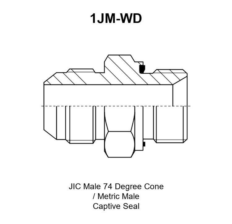 1JM-WD JIC male 74° cone to metric male captive seal adapter drawing with the seal groove and A, B, L and S1 dimensions marked