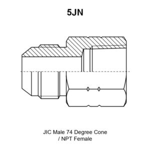 5JN adapter drawing with the JIC 74° cone male end marked E, the NPT female end marked F, the cone length A, overall length L and hex S1, plus a sectional view of the sleeve and nut on the tube end