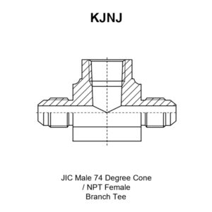 KJNJ branch tee adapter drawing showing the JIC male 74° cone ports E and G on the run, the NPT female branch port F and dimensions A, B, C and S2