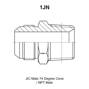 1JN adapter drawing with the JIC 74° cone male end marked E, the NPT male end marked F, and dimensions A, B, L and hex S1