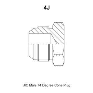 4J JIC male 74 degree cone plug drawing with external thread E, plug end dimension A, overall length L and wrench hex S1