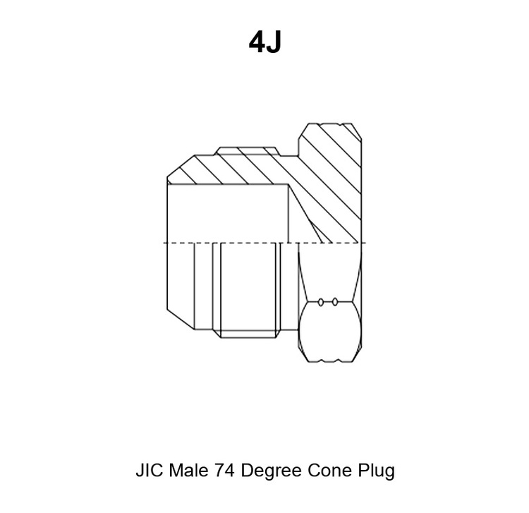 4J JIC male 74 degree cone plug drawing with external thread E, plug end dimension A, overall length L and wrench hex S1