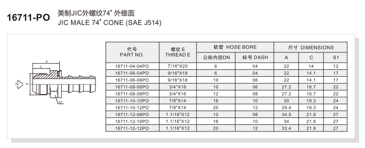 jic male 74 degree sae j514 16711 po spec