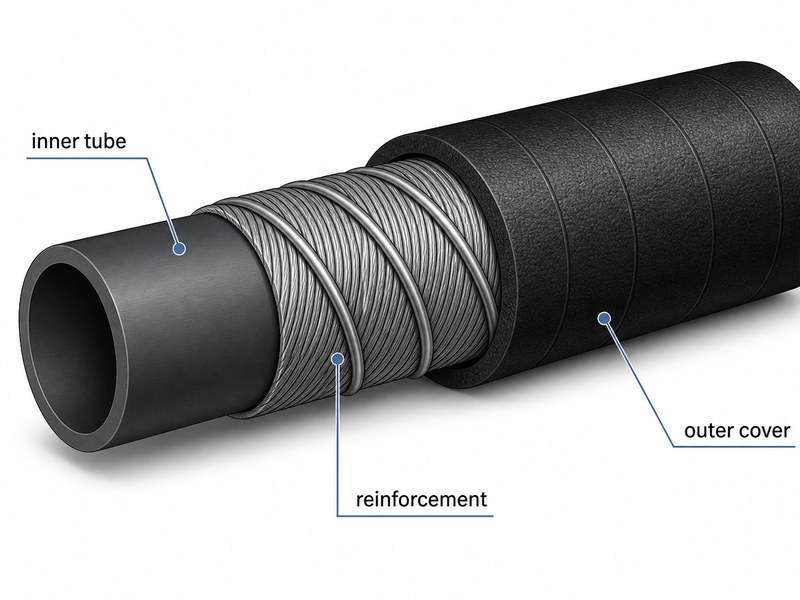 Cross-section diagram of a marine oil hose showing the oil-resistant inner tube, reinforcement layer, and salt- and UV-resistant outer cover