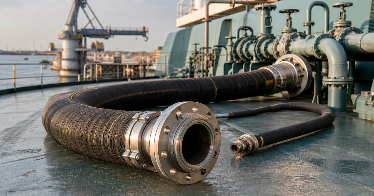 Marine oil hose types on a ship deck: transfer hose flanges and a bunker hose connection at a fuel manifold