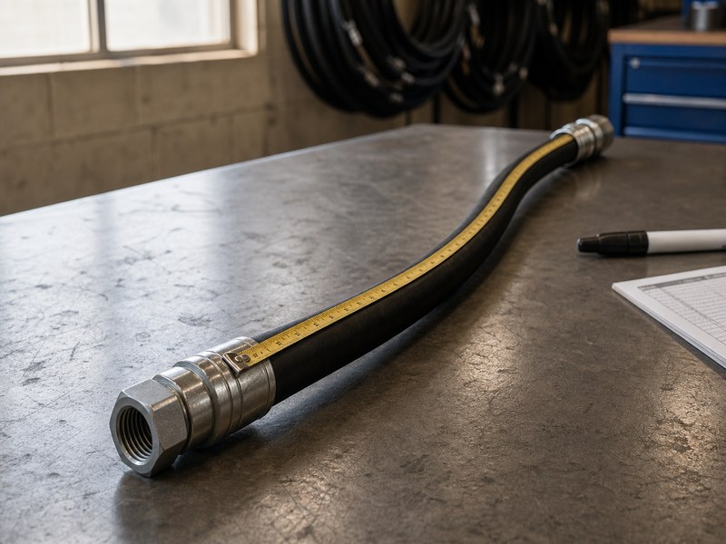 Soft tape measure following the centre line of a hydraulic hose assembly lying relaxed on a workshop bench