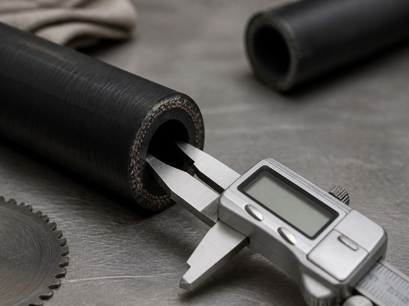 Digital calipers measuring the inside diameter at the cut end of a hydraulic hose on a workshop bench