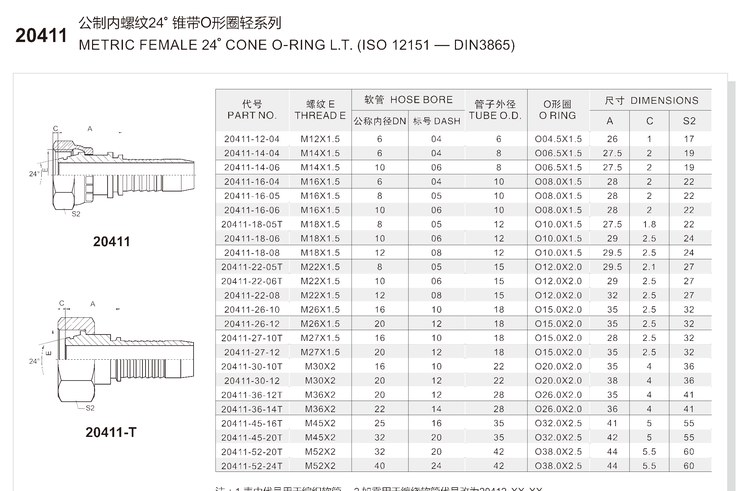 metric female 24 degree cone o ring light series hydraulic hose fitting 20411 series spec