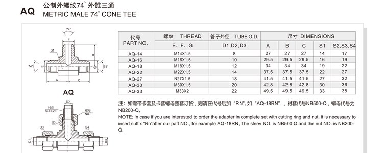 Metric male 74 degree cone tee hydraulic adapter AQ specification and dimension chart