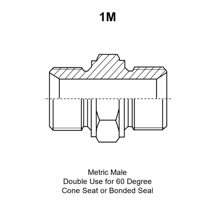 Metric Male Double Use for 60 Degree Cone Seat or Bonded Seal hydraulic adapter, model 1M, line drawing
