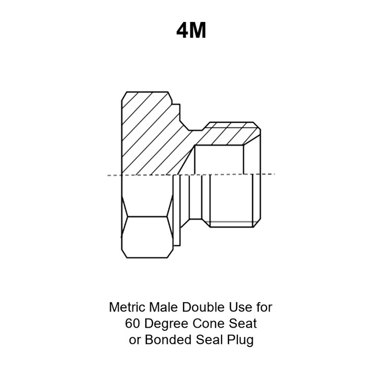 Metric Male Double Use for 60 Degree Cone Seat or Bonded Seal Plug, model 4M, line drawing