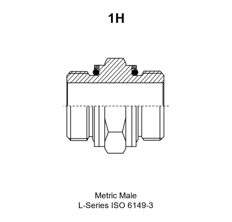 Metric Male L-Series ISO 6149-3 hydraulic adapter, model 1H, line drawing