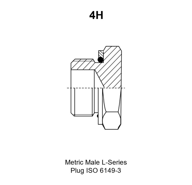 Metric Male L-Series Plug ISO 6149-3, model 4H, line drawing