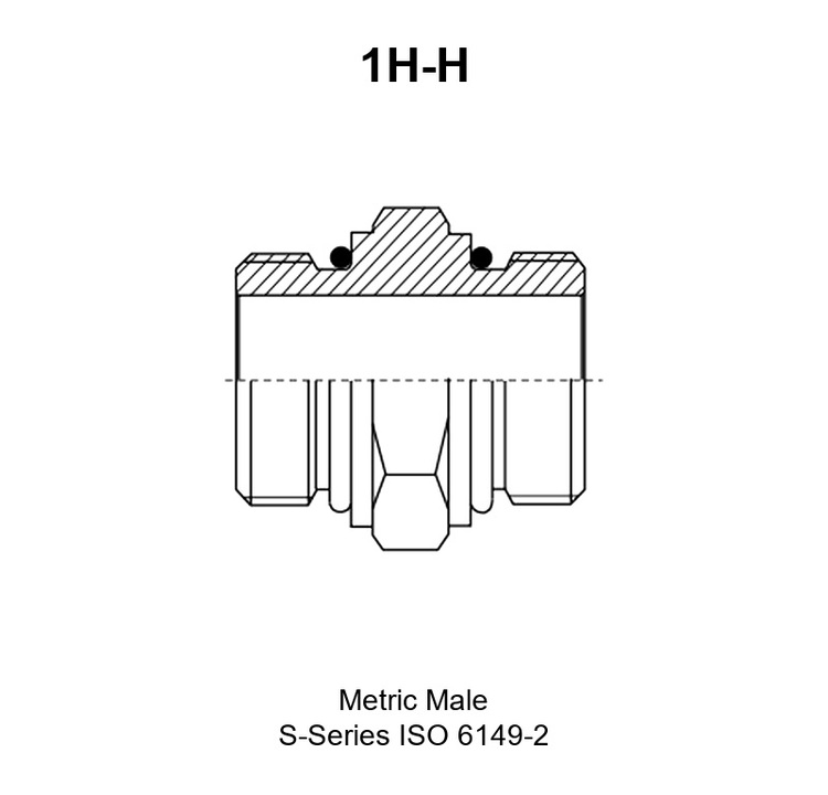 Metric Male S-Series ISO 6149-2 hydraulic adapter, model 1H-H, line drawing