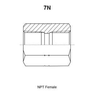 7N adapter drawing in section with the internal NPT thread E at the left end, the internal NPT thread F at the right end, overall length L and hex S1