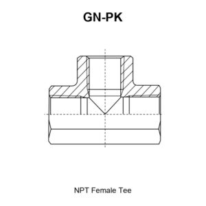 GN-PK NPT female tee drawing with the three tapped ports marked E, F and G, dimensions A left run length, C right run length, B vertical height and hex S1