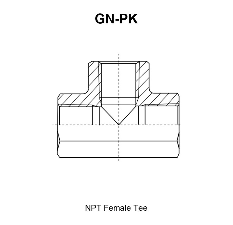 GN-PK NPT female tee drawing with the three tapped ports marked E, F and G, dimensions A left run length, C right run length, B vertical height and hex S1