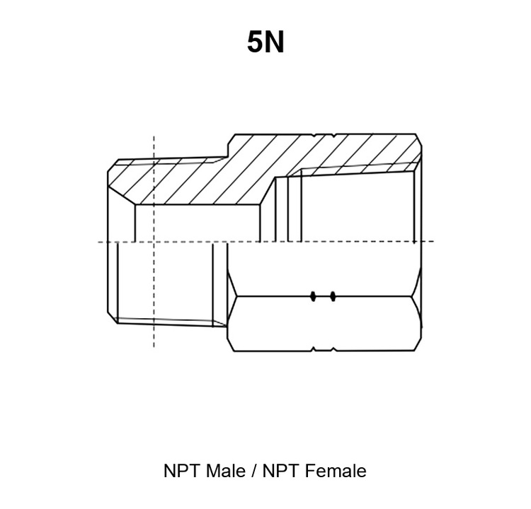 5N adapter drawing with the external NPT thread E and its thread length A on the left end, the internal NPT thread F on the right end, overall length L and hex S1