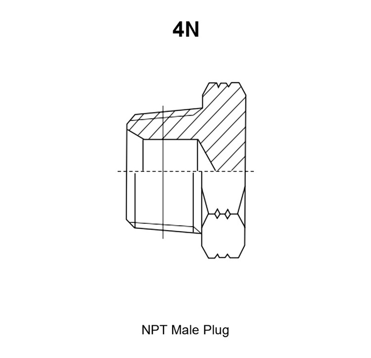 4N NPT male hex head plug drawing with tapered thread E, threaded length A, overall length L and hex S1