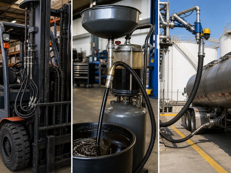 Oil hose applications in service: a hydraulic hose on a forklift, an oil suction hose on a workshop oil changer, and an oil transfer hose connected at a tank farm